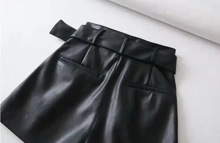 Women Black Orange Color PU Leather High Waist Shirts with Belt Wide Leg Faux Leather Shorts High Quality Winter Loose PU Shorts 9