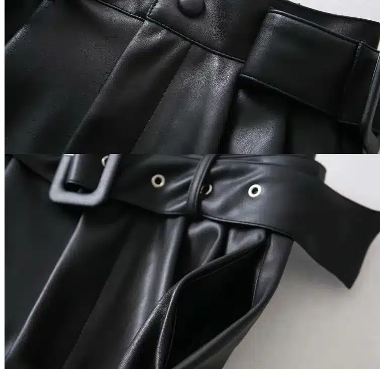 Women Black Orange Color PU Leather High Waist Shirts with Belt Wide Leg Faux Leather Shorts High Quality Winter Loose PU Shorts 10
