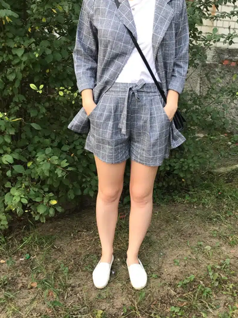 Trytree Spring summer Women two piece set Casual tops + shorts plus size plaid Top Female Office Suit Set Women's 2 Piece Set 33