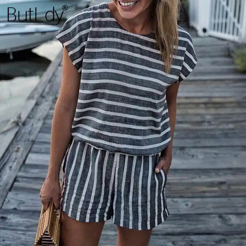 Striped Loose Playsuits Bodysuit Rompers Women Summer 2019 Casual Beach Jumpsuit Shorts Short Sleeve Elegant Overalls For Women 22