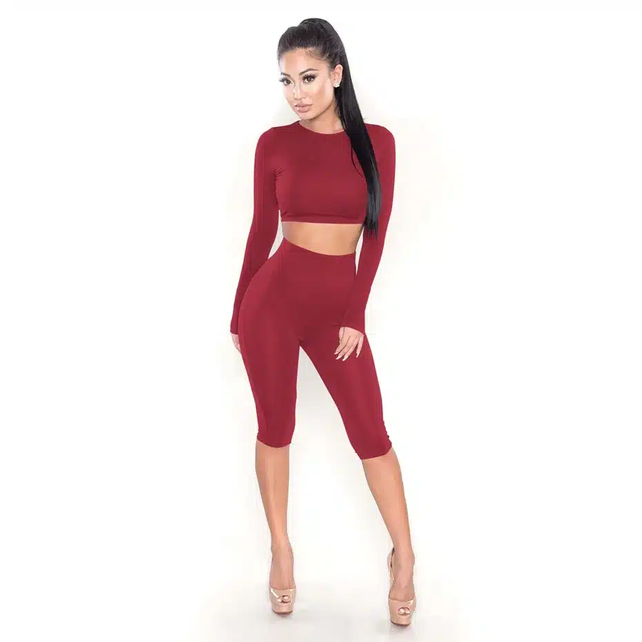 HAOYUAN 2 Piece Set Women Sexy Long Sleeve Top+Biker Shorts Track Suit Bodycon Tracksuit Casual Two Pieces Outfits Sweatsuit 33