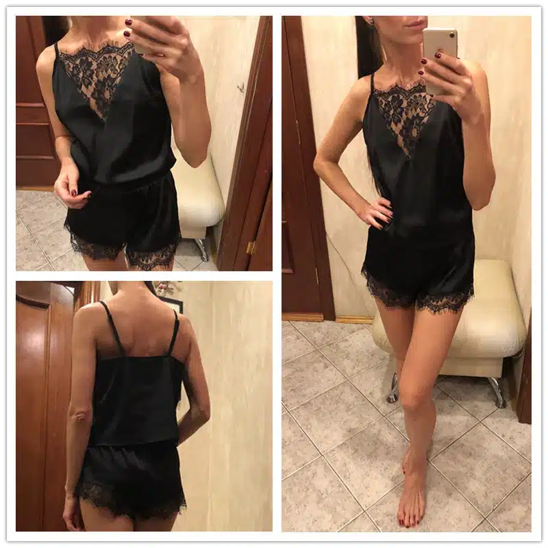 SHEIN Sexy Summer Pajamas Sleepwear for Women Sleeveless Spaghetti Strap Nightwear Lace Trim Satin Cami Top shorts Pajama Sets 14