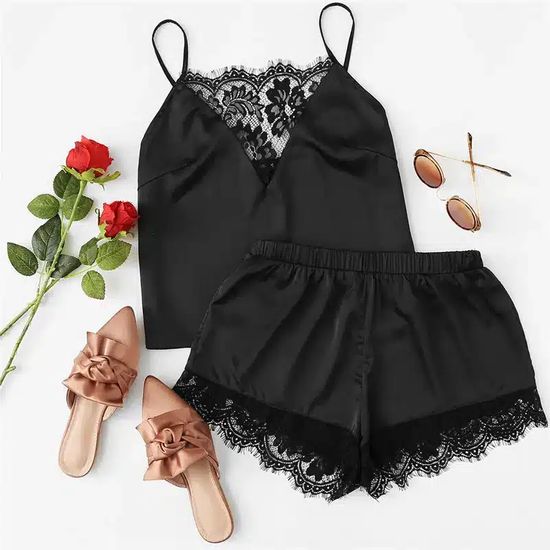 SHEIN Sexy Summer Pajamas Sleepwear for Women Sleeveless Spaghetti Strap Nightwear Lace Trim Satin Cami Top shorts Pajama Sets 17