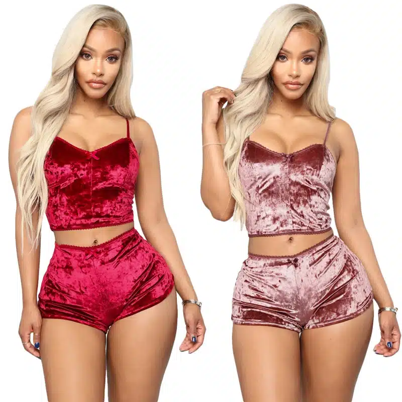 Adogirl Women Velvet Tracksuit Sexy V Neck Spaghetti Straps Crop Top + Shorts Fashion Night Club Suits Two Piece Set Outfits 13