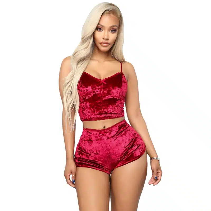 Adogirl Women Velvet Tracksuit Sexy V Neck Spaghetti Straps Crop Top + Shorts Fashion Night Club Suits Two Piece Set Outfits 14