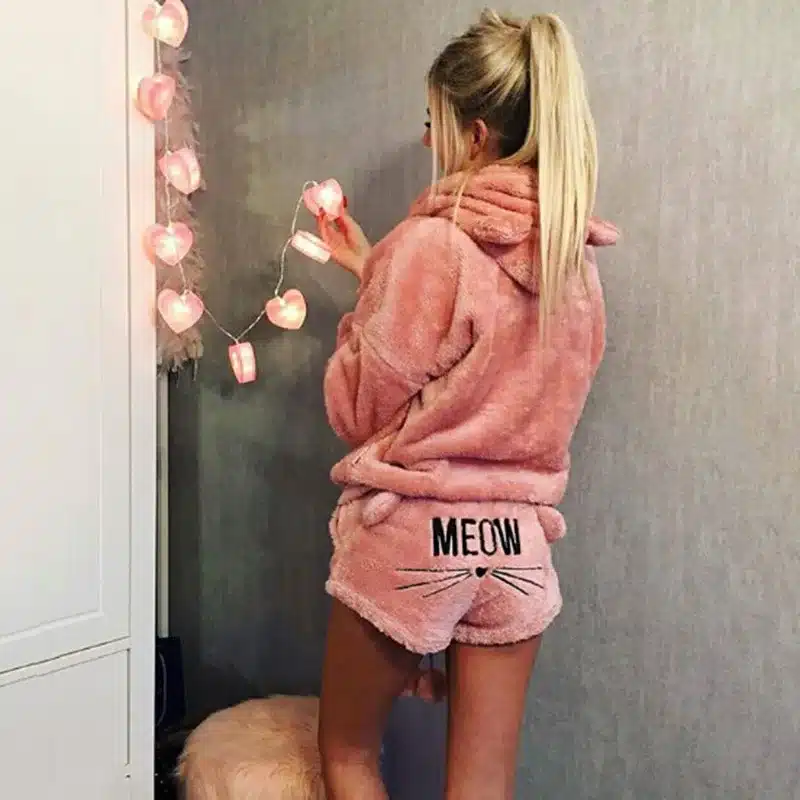 Women Coral Velvet Suit Two Piece Autumn Winter Pajamas Warm Sleepwear Cute Cat Meow Pattern Hoodies Shorts Set VANGULL 2018 New 9