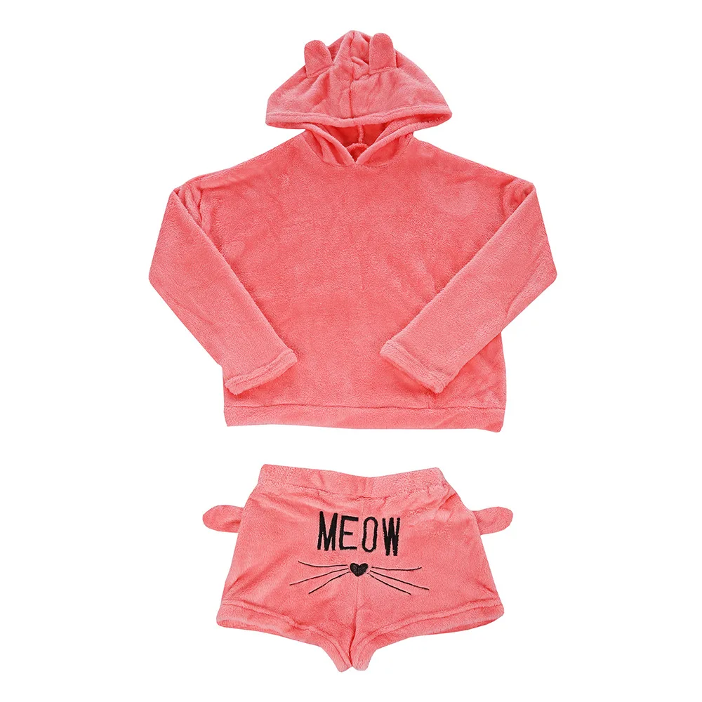 Women Coral Velvet Suit Two Piece Autumn Winter Pajamas Warm Sleepwear Cute Cat Meow Pattern Hoodies Shorts Set VANGULL 2018 New 11