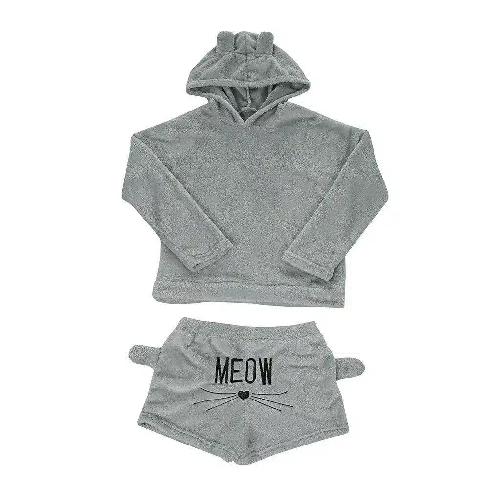 Women Coral Velvet Suit Two Piece Autumn Winter Pajamas Warm Sleepwear Cute Cat Meow Pattern Hoodies Shorts Set VANGULL 2018 New 17