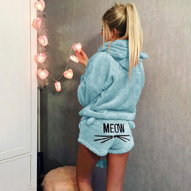 Women Coral Velvet Suit Two Piece Autumn Winter Pajamas Warm Sleepwear Cute Cat Meow Pattern Hoodies Shorts Set VANGULL 2018 New 18