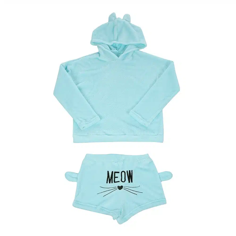 Women Coral Velvet Suit Two Piece Autumn Winter Pajamas Warm Sleepwear Cute Cat Meow Pattern Hoodies Shorts Set VANGULL 2018 New 20