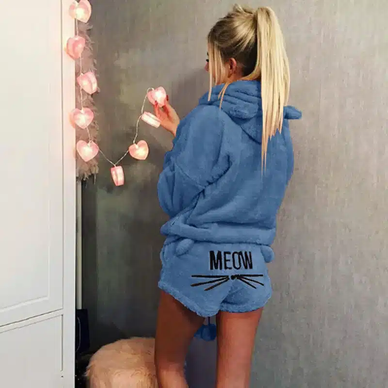 Women Coral Velvet Suit Two Piece Autumn Winter Pajamas Warm Sleepwear Cute Cat Meow Pattern Hoodies Shorts Set VANGULL 2018 New 21