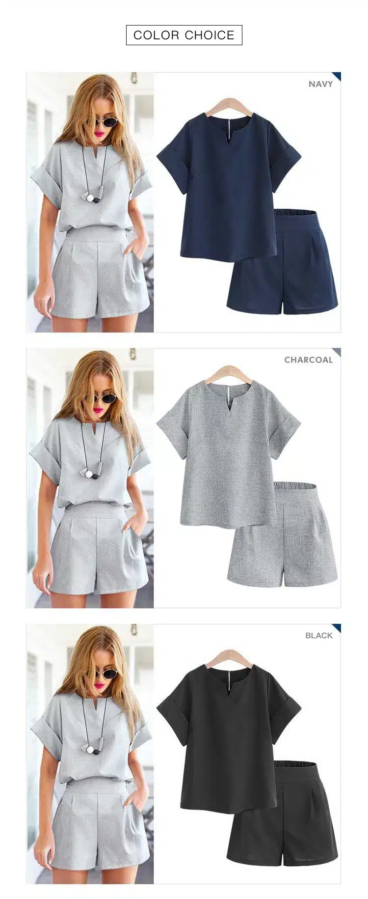 Trytree Spring summer Women two piece set Casual Cotton tops + short Soild Female Office plus size Suit Set Short Sleeve Sets 13