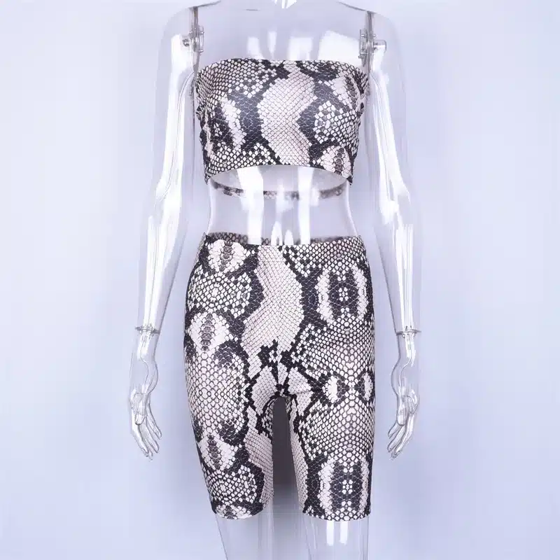 Hugcitar snake skin crop top sexy tank top shorts 2 pieces sets 2018 summer autumn women fashion elastic sportswear female set 16