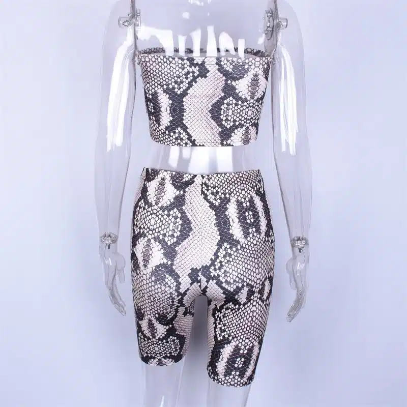 Hugcitar snake skin crop top sexy tank top shorts 2 pieces sets 2018 summer autumn women fashion elastic sportswear female set 18