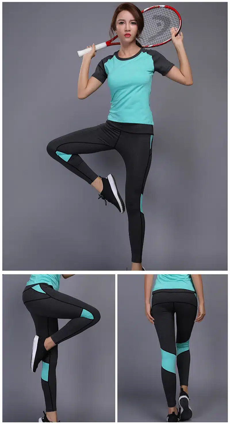 BINTUOSHI Sexy Yoga Set Women Fitness Running TShirt + Pants Breathable Gym Workout Clothes Compressed Yoga Leggings Sport Suit 17