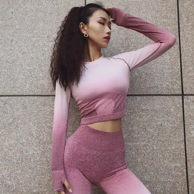 2 Pcs Yoga Set For Women Long Sleeve Fitness Crop Top And Scrunch Butt Sport Leggings Ombre Seamless Gym Clothing Sport Suits 4