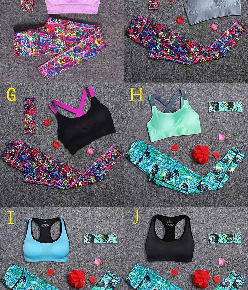 Women Yoga Fitness Sports Sets Gym Workout Sportswear 3pcs/Set Tracksuits Headband+Bra+Printed Yoga Pants Sport Leggings Suits 13