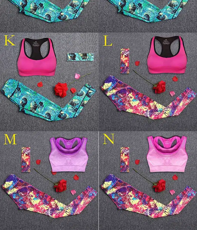 Women Yoga Fitness Sports Sets Gym Workout Sportswear 3pcs/Set Tracksuits Headband+Bra+Printed Yoga Pants Sport Leggings Suits 14
