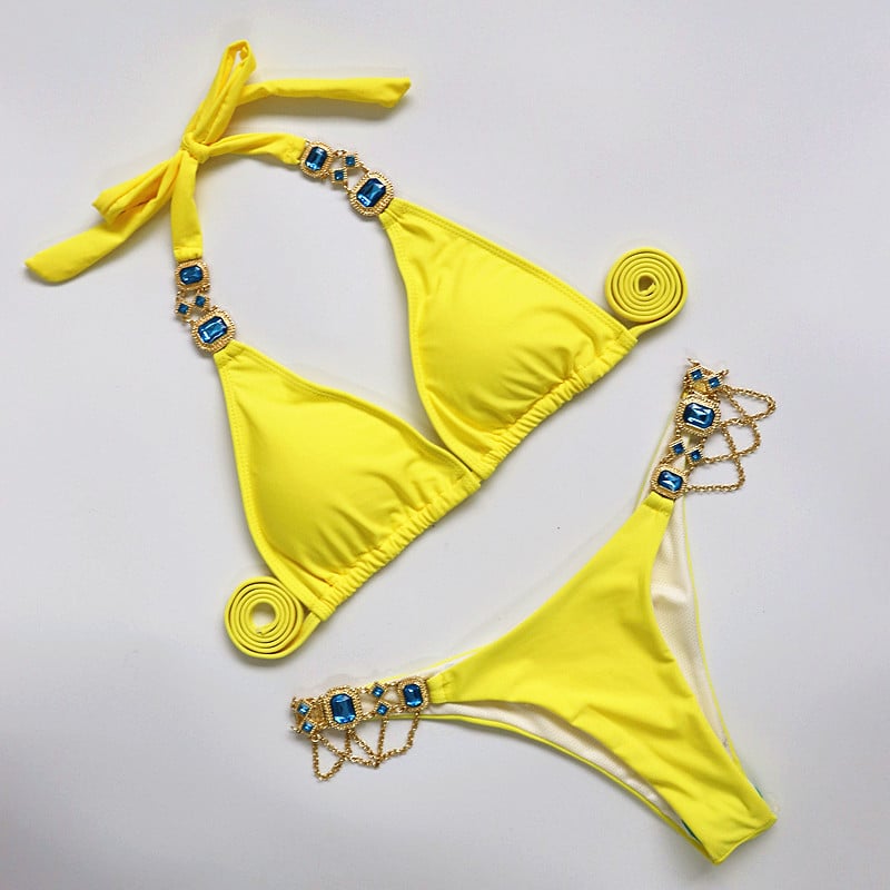 2019 Rhinestone Swimsuit Women Bikinis Crystal Diamond Bikini Set Metal Chain Swimwear female Luxury Aristocratic Swimming Suit 40