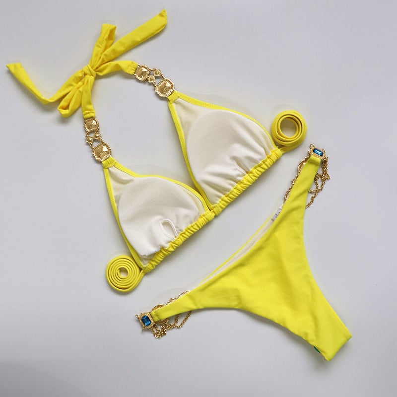 2019 Rhinestone Swimsuit Women Bikinis Crystal Diamond Bikini Set Metal Chain Swimwear female Luxury Aristocratic Swimming Suit 41