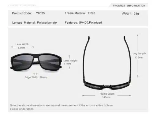 Meeste sportlikud päikeseprillid | E-pood Tootemaailm Mustad Meeste sportlikud päikeseprillid mustade TR90 raamiga, polükarbonaatist läätsed UV400 kaitse ja polariseeritud omadustega, taustal info prillide mõõtmete kohta.