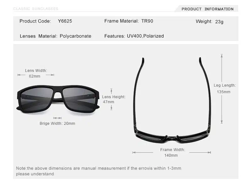 Mustad Meeste sportlikud päikeseprillid mustade TR90 raamiga, polükarbonaatist läätsed UV400 kaitse ja polariseeritud omadustega, taustal info prillide mõõtmete kohta.