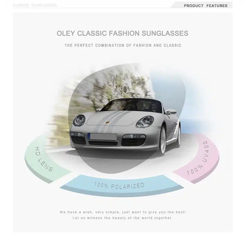 Luksuslik hõbedane sportauto liikumas maanteel, esiplaanil Meeste sportlikud päikeseprillid, mis näitavad HD läätse ja 100% polariseerimist.