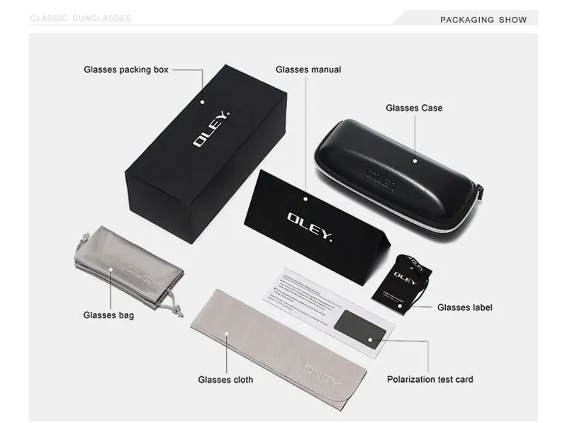 Meeste sportlikud päikeseprillid on pakitud elegantsete tarvikutega: must pakkekarp, läikiv must prillikarp, hall prillikott, prillipuhastuslapp, kasutusjuhend ja polariseerimise testkaart, kogu komplekt on selgelt paigutatud valgel taustal.