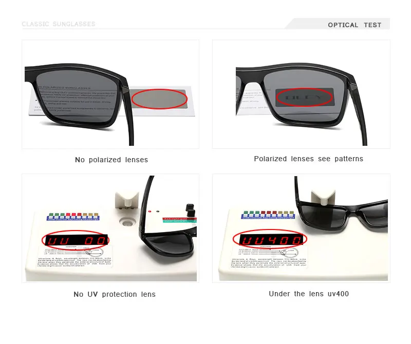 Meeste sportlikud päikeseprillid optilisel testimislaual, kus võrreldakse polariseeritud ja polariseerimata läätsede omadusi ning UV-kaitset.