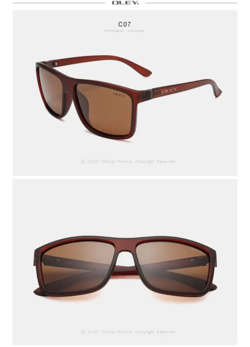 Meeste sportlikud päikeseprillid | E-pood Tootemaailm Meeste sportlikud päikeseprillid pruunide toonitud läätsedega ja pruunide plastikkarkassidega, millel on puidu tekstuur. Taust on neutraalne, tuues esile prillide modernse ja dünaamilise disaini.