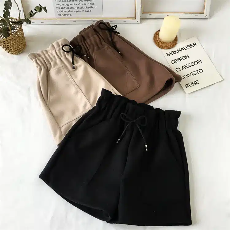 New Women Shorts Autumn and Winter High Waist Shorts Solid Casual Loose Thick Warm Elastic Waist Straight Booty Shorts Pockets 9