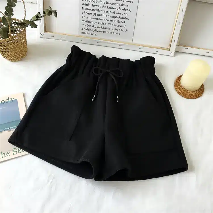 New Women Shorts Autumn and Winter High Waist Shorts Solid Casual Loose Thick Warm Elastic Waist Straight Booty Shorts Pockets 12