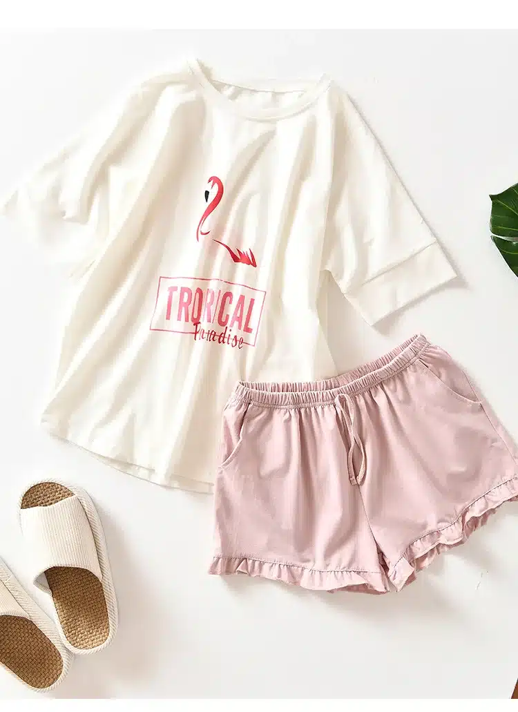 Flamingos Short Sleeved + Shorts Home Suit Spot 100% Cotton Pajama Sets Summer Nightly Recommended Womens pijama home clothing 12