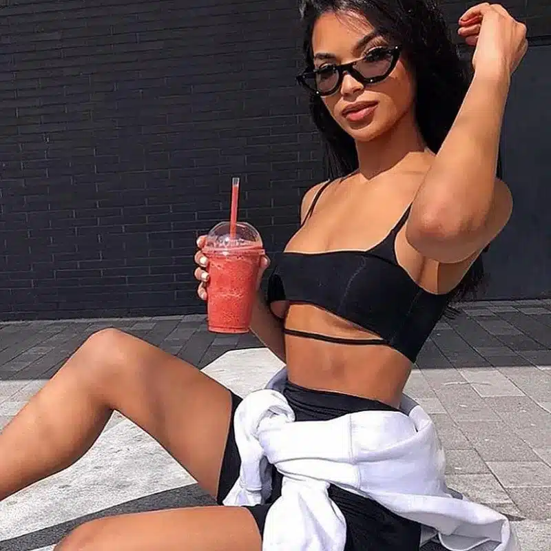BOOFEENAA Sexy Short Two Piece Set Crop Tops and Biker Shorts Grey Black Bodycon Matching Sets Summer Clothes for Women C83-I71 25