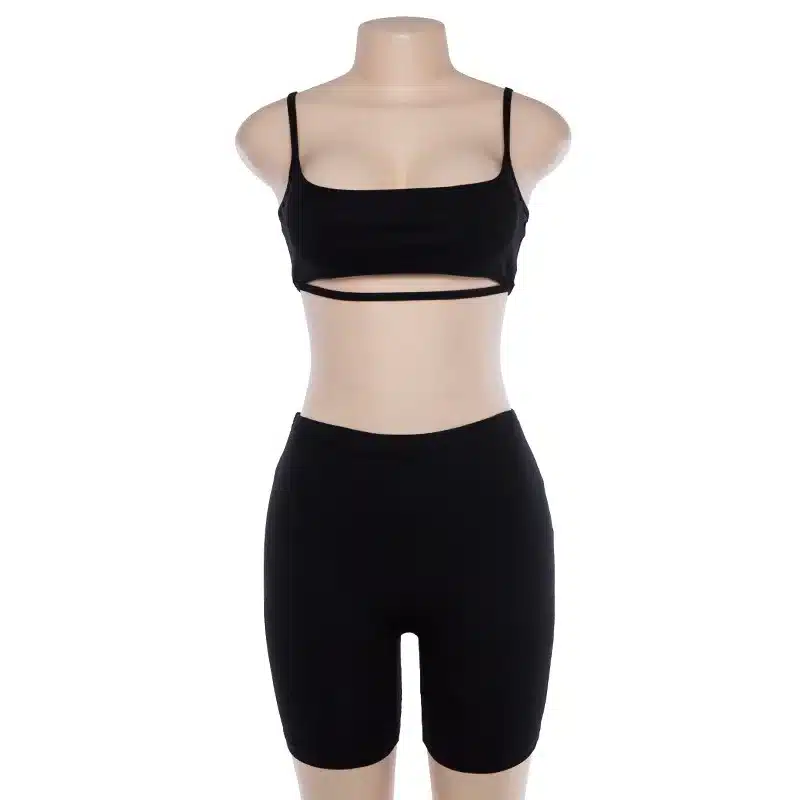 BOOFEENAA Sexy Short Two Piece Set Crop Tops and Biker Shorts Grey Black Bodycon Matching Sets Summer Clothes for Women C83-I71 33