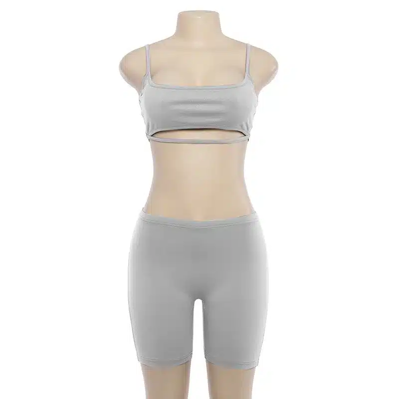 BOOFEENAA Sexy Short Two Piece Set Crop Tops and Biker Shorts Grey Black Bodycon Matching Sets Summer Clothes for Women C83-I71 36