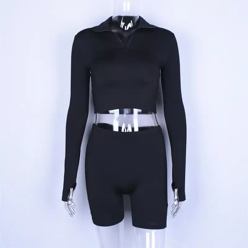 Hugcitar long sleeve zipper high neck elastic sexy crop tops shorts 2-pieces 2018 summer autumn women fashion casual sports sets 18