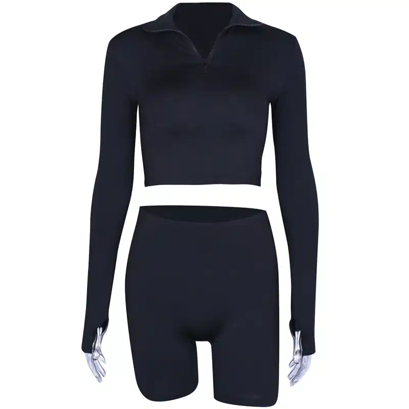 Hugcitar long sleeve zipper high neck elastic sexy crop tops shorts 2-pieces 2018 summer autumn women fashion casual sports sets 25