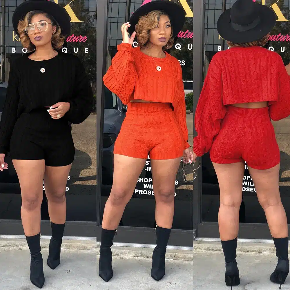 HAOYUAN 2 Two Piece Set Women Clothes Autumn Winter Outfits Long Sleeve Knit Sweater Tops+Bodycon Shorts Suit Sexy Matching Sets 23
