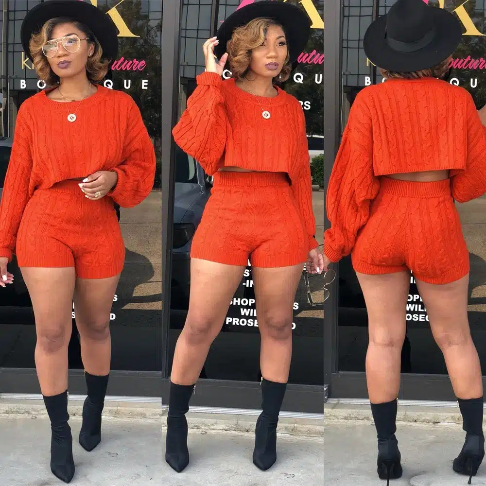 HAOYUAN 2 Two Piece Set Women Clothes Autumn Winter Outfits Long Sleeve Knit Sweater Tops+Bodycon Shorts Suit Sexy Matching Sets 24