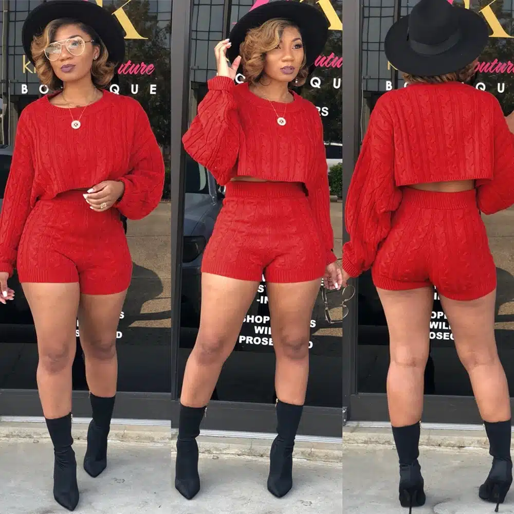 HAOYUAN 2 Two Piece Set Women Clothes Autumn Winter Outfits Long Sleeve Knit Sweater Tops+Bodycon Shorts Suit Sexy Matching Sets 25