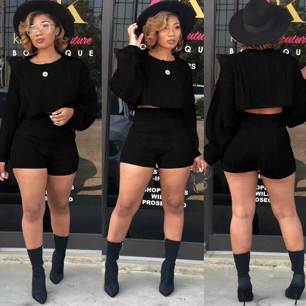 HAOYUAN 2 Two Piece Set Women Clothes Autumn Winter Outfits Long Sleeve Knit Sweater Tops+Bodycon Shorts Suit Sexy Matching Sets 26