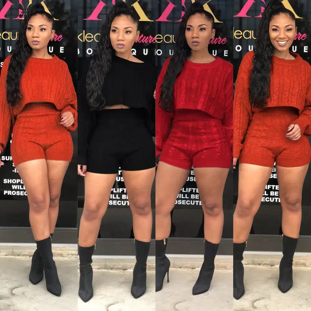 HAOYUAN 2 Two Piece Set Women Clothes Autumn Winter Outfits Long Sleeve Knit Sweater Tops+Bodycon Shorts Suit Sexy Matching Sets 27