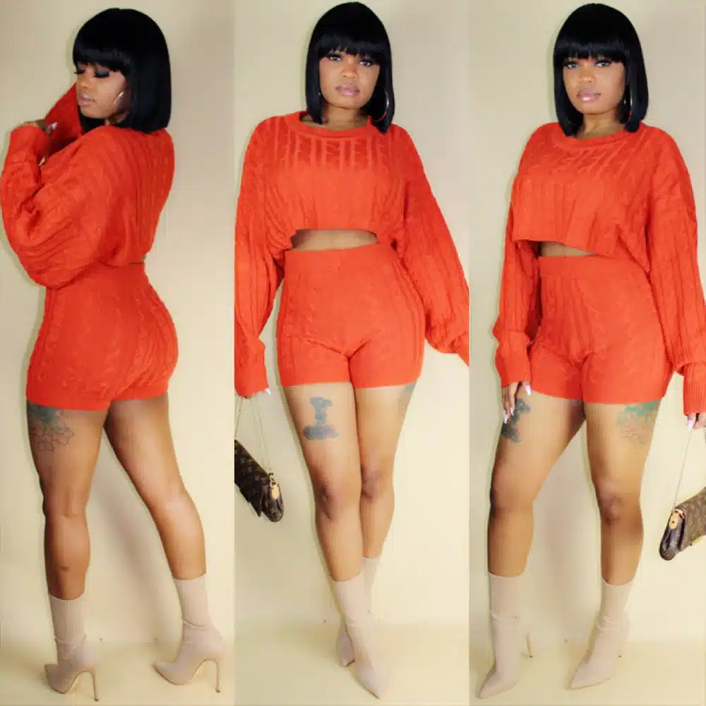 HAOYUAN 2 Two Piece Set Women Clothes Autumn Winter Outfits Long Sleeve Knit Sweater Tops+Bodycon Shorts Suit Sexy Matching Sets 30