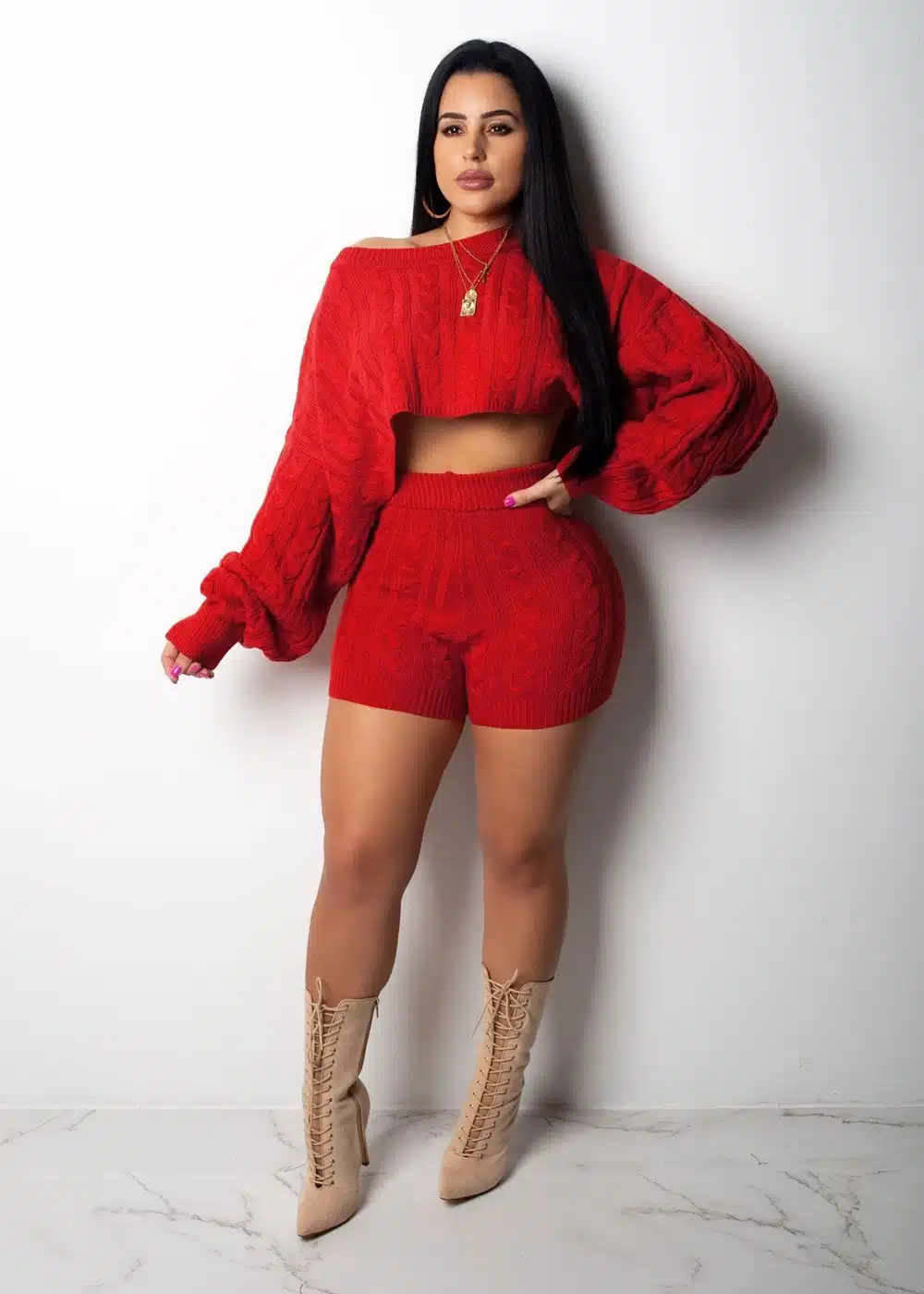 HAOYUAN 2 Two Piece Set Women Clothes Autumn Winter Outfits Long Sleeve Knit Sweater Tops+Bodycon Shorts Suit Sexy Matching Sets 32