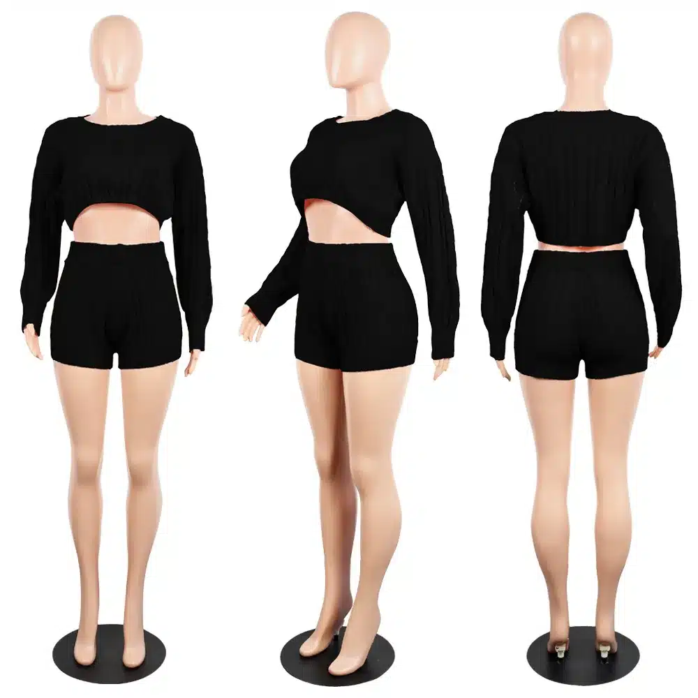 HAOYUAN 2 Two Piece Set Women Clothes Autumn Winter Outfits Long Sleeve Knit Sweater Tops+Bodycon Shorts Suit Sexy Matching Sets 35