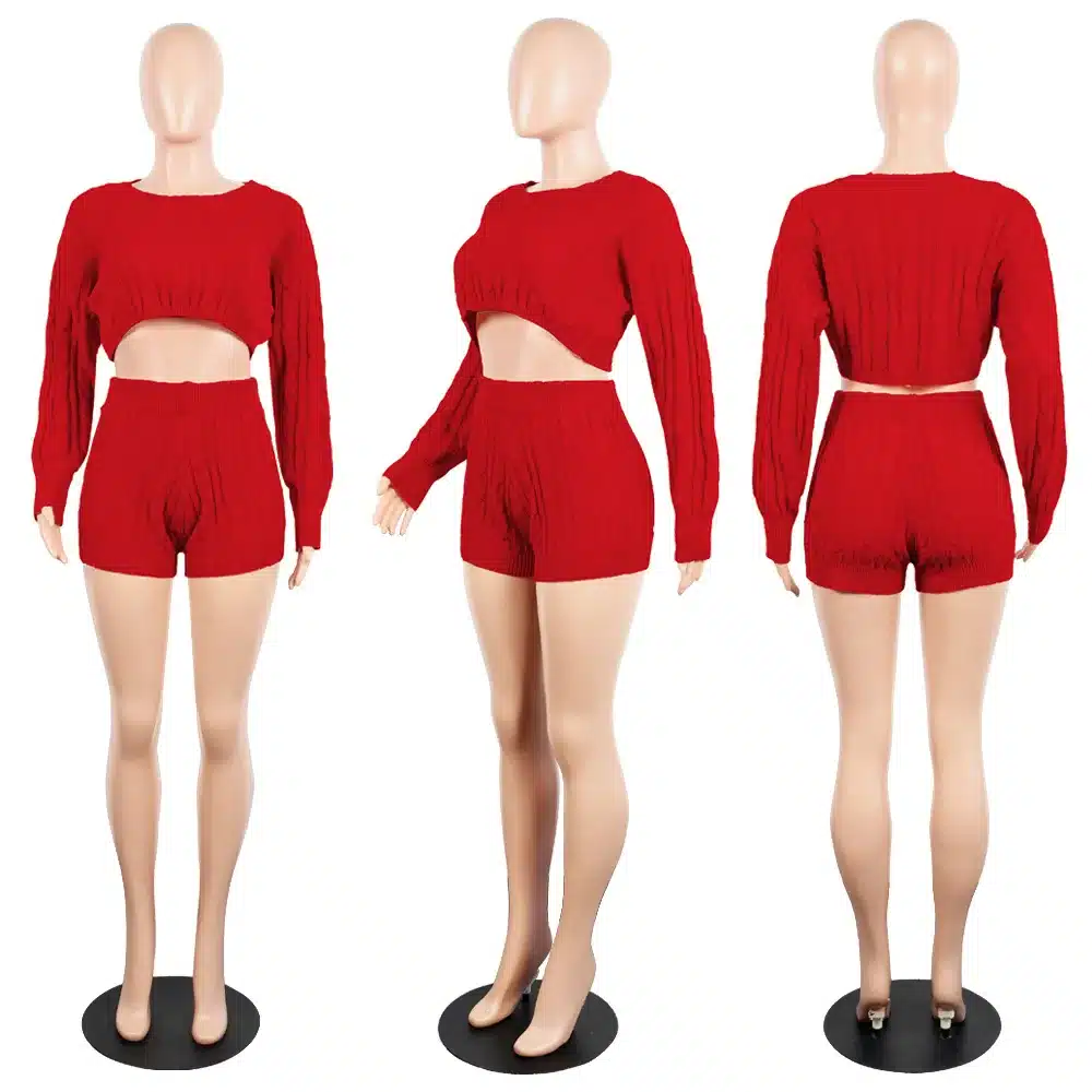 HAOYUAN 2 Two Piece Set Women Clothes Autumn Winter Outfits Long Sleeve Knit Sweater Tops+Bodycon Shorts Suit Sexy Matching Sets 37