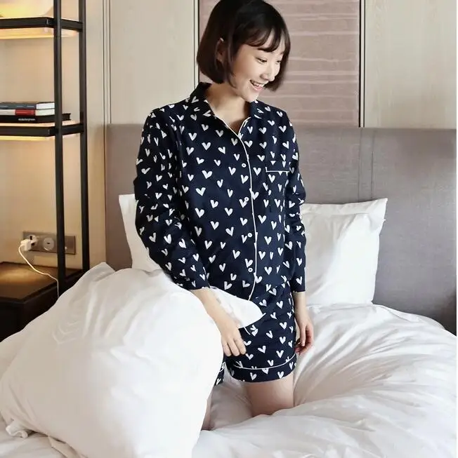 New Pajama Sets Women Loving Heart Print 3 Pieces Set Long Sleeve Top + Shorts Elastic Waist + Blinder Loose Sleep Wear S75603 4