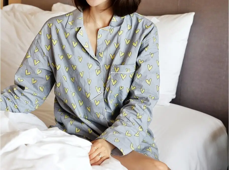 New Pajama Sets Women Loving Heart Print 3 Pieces Set Long Sleeve Top + Shorts Elastic Waist + Blinder Loose Sleep Wear S75603 5