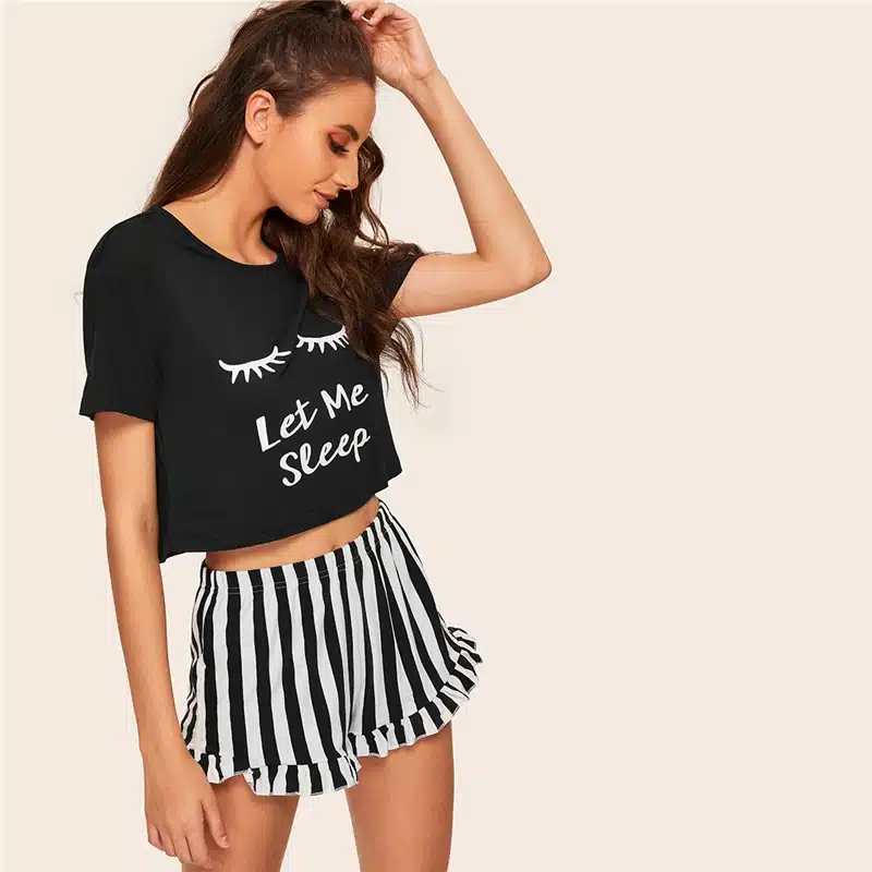 SHEIN Black Graphic Tee & Frilled Striped Shorts PJ Round Neck Short Sleeve Set 2018 Summer Women Patchwork Sleepwear 13